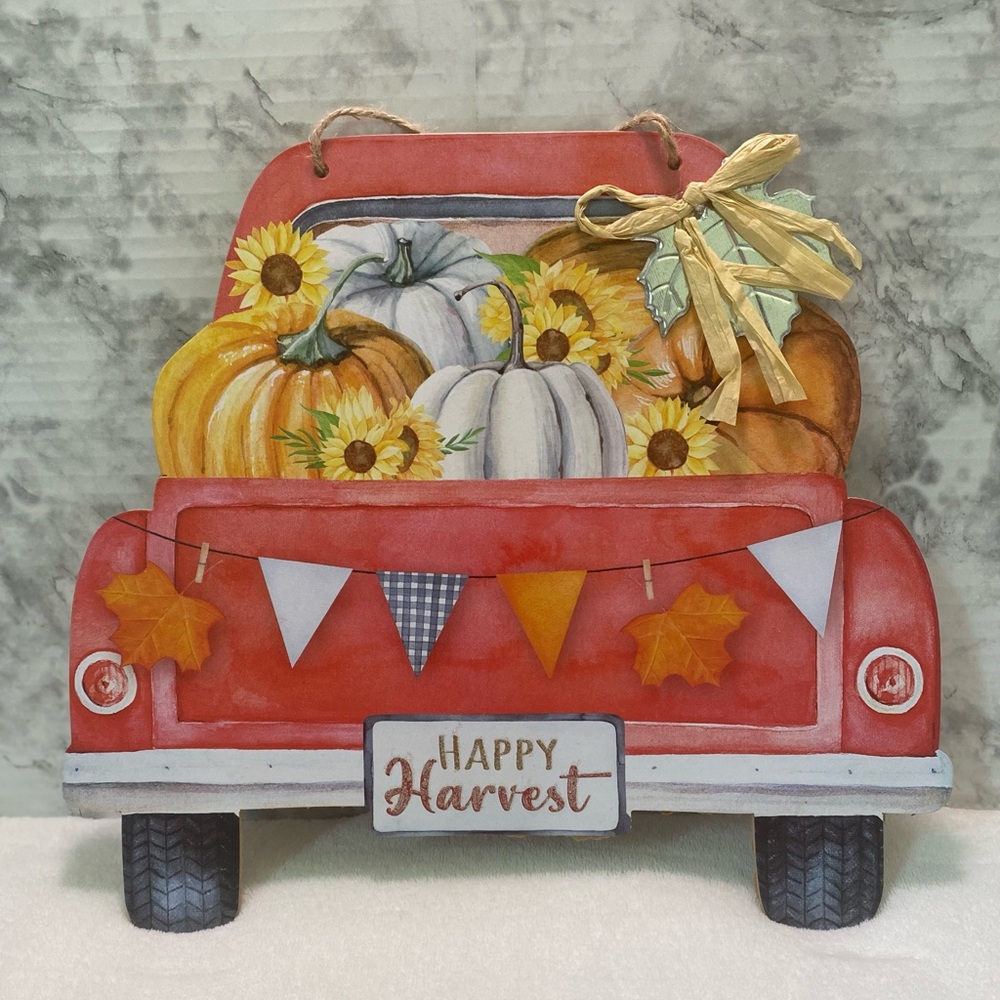 NWT Happy Harvest Classic Red Truck with Pumpkins in the Bed Hanging Sign